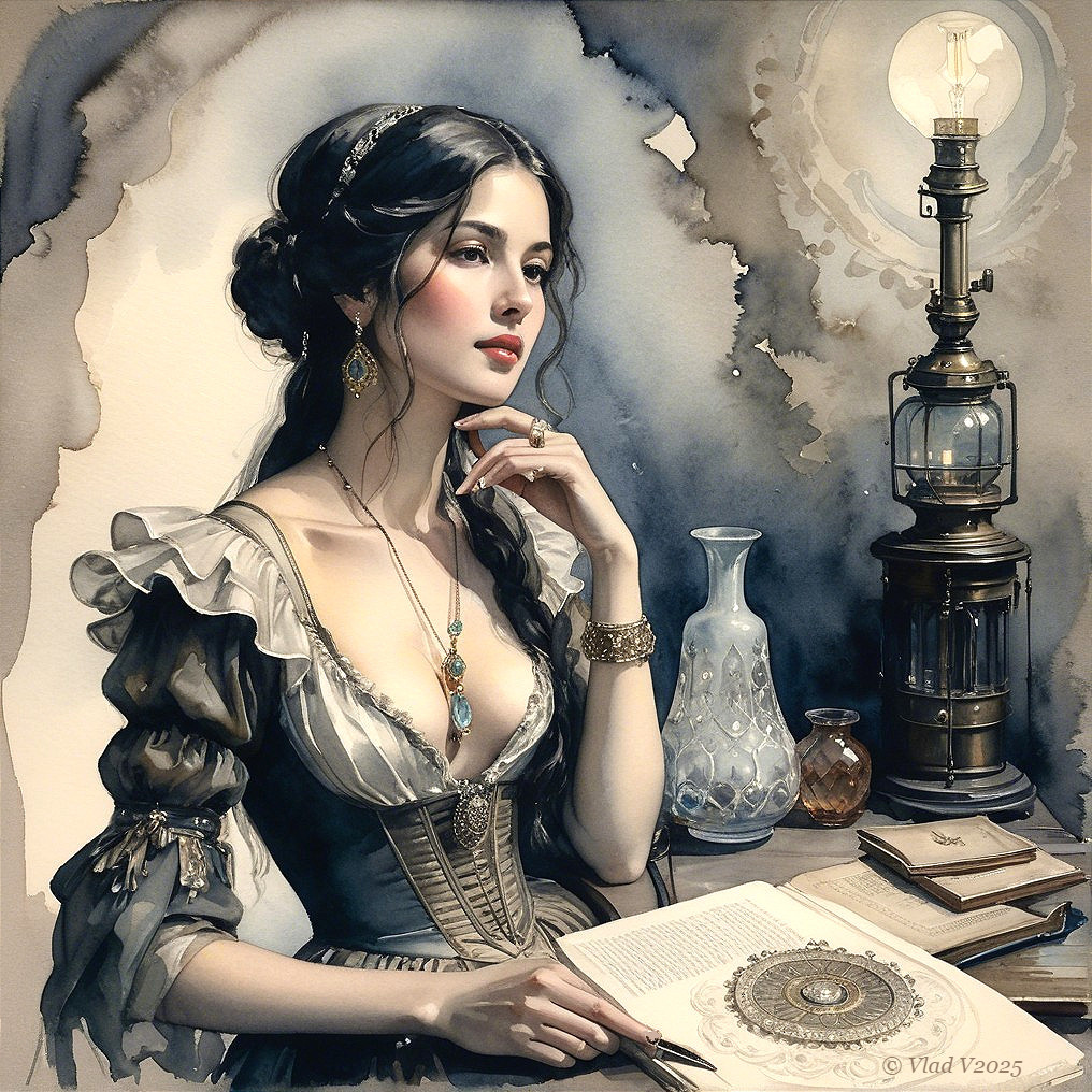 Poised Woman at Table with Antique Lamp and Glassware