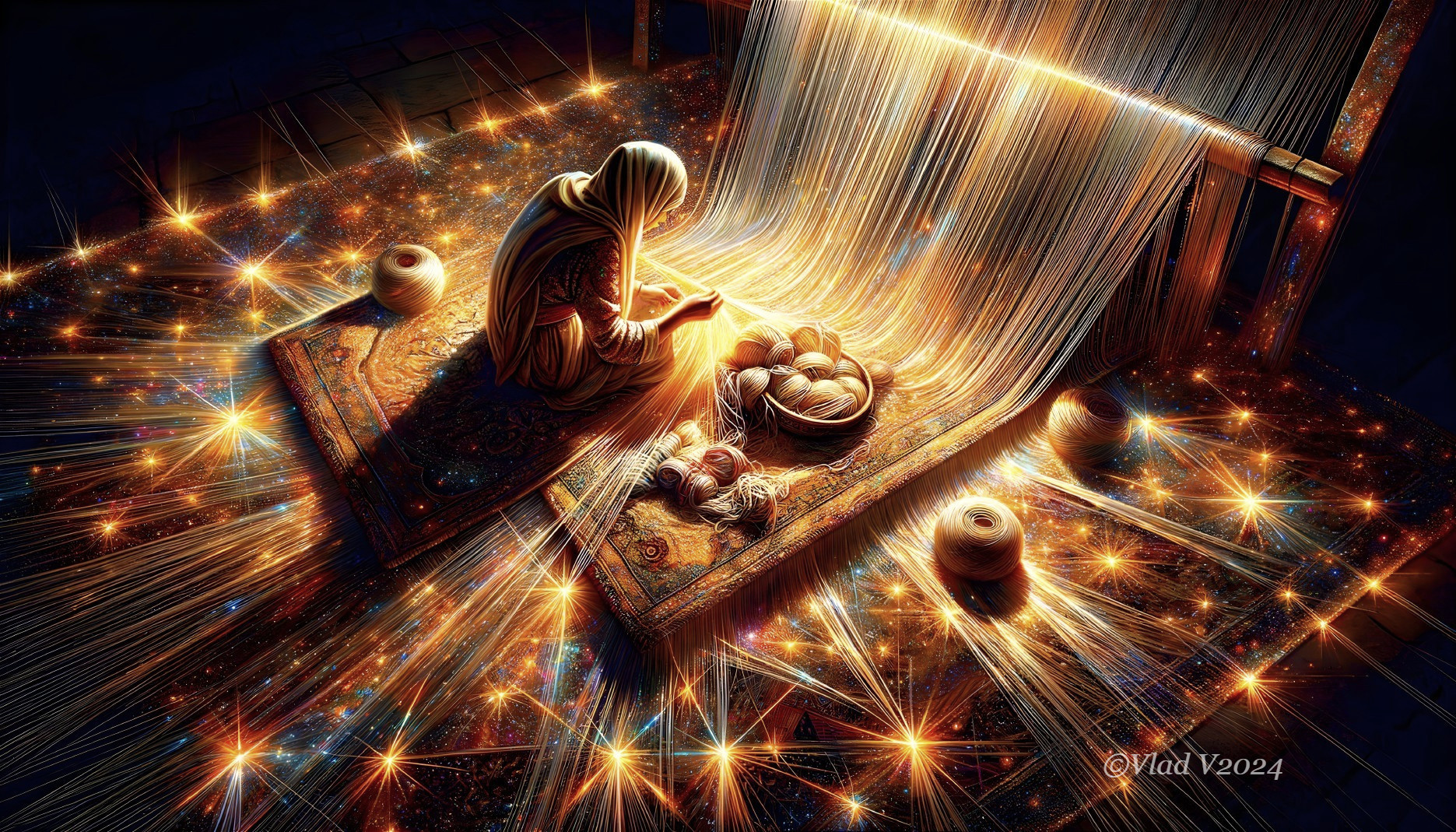 Kneeling Figure in Cosmic Prayer Scene with Stars