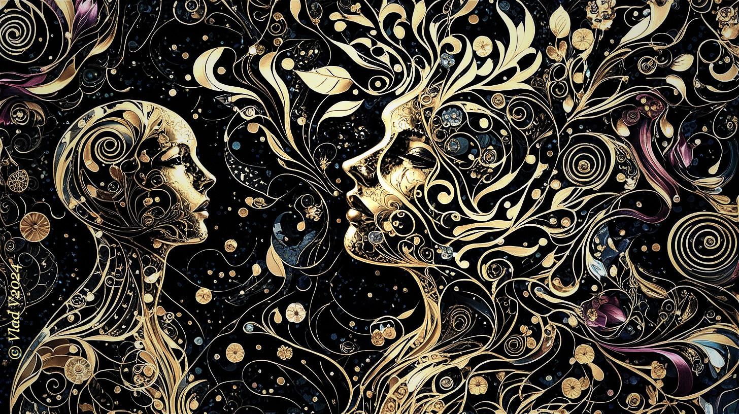 Abstract Faces with Gold Patterns and Floral Motifs