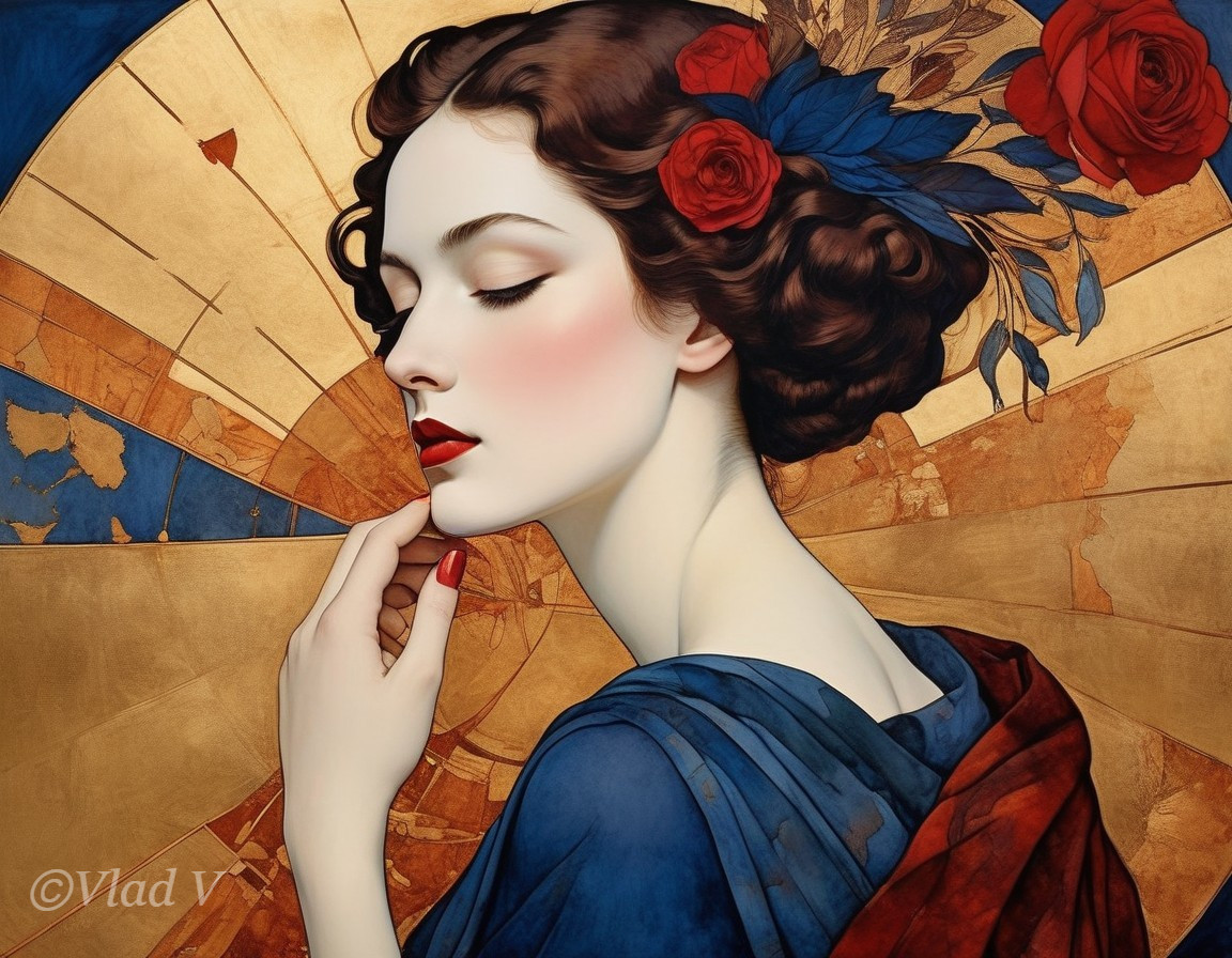 Portrait of a woman with roses and map-like background