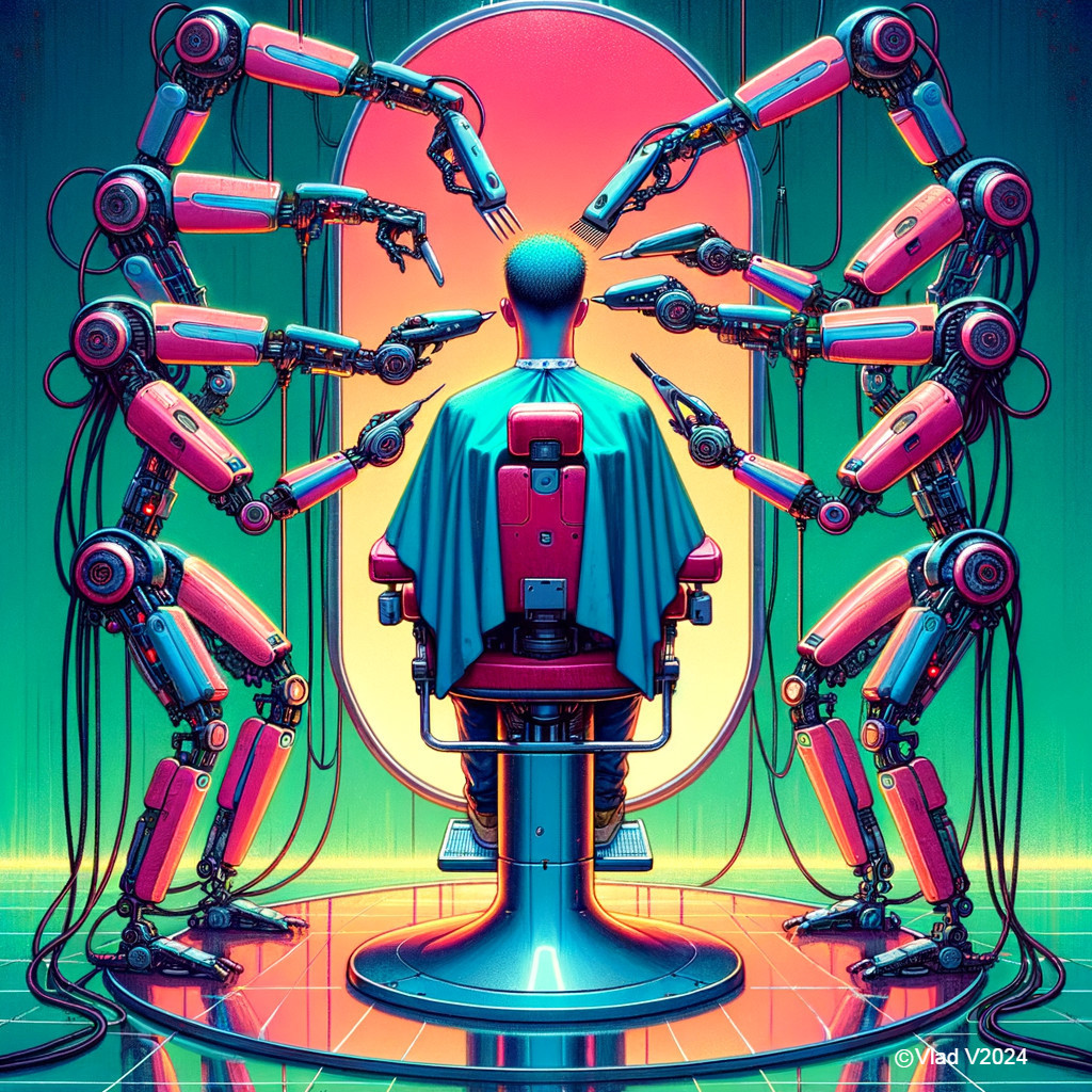 Futuristic Barber Scene with Robotic Arms and Gradient Background