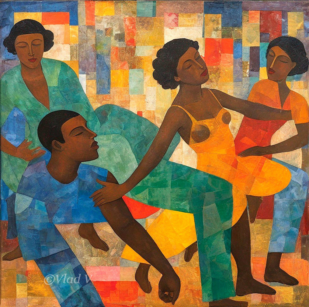 Colorful Cubist Painting of Four Abstract Figures