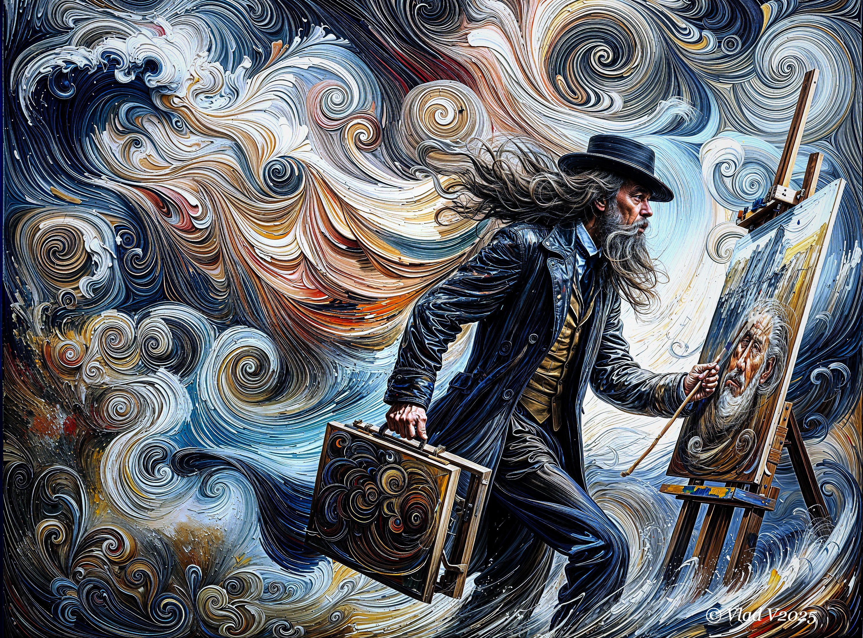 Dynamic figure in colorful, abstract artistic setting