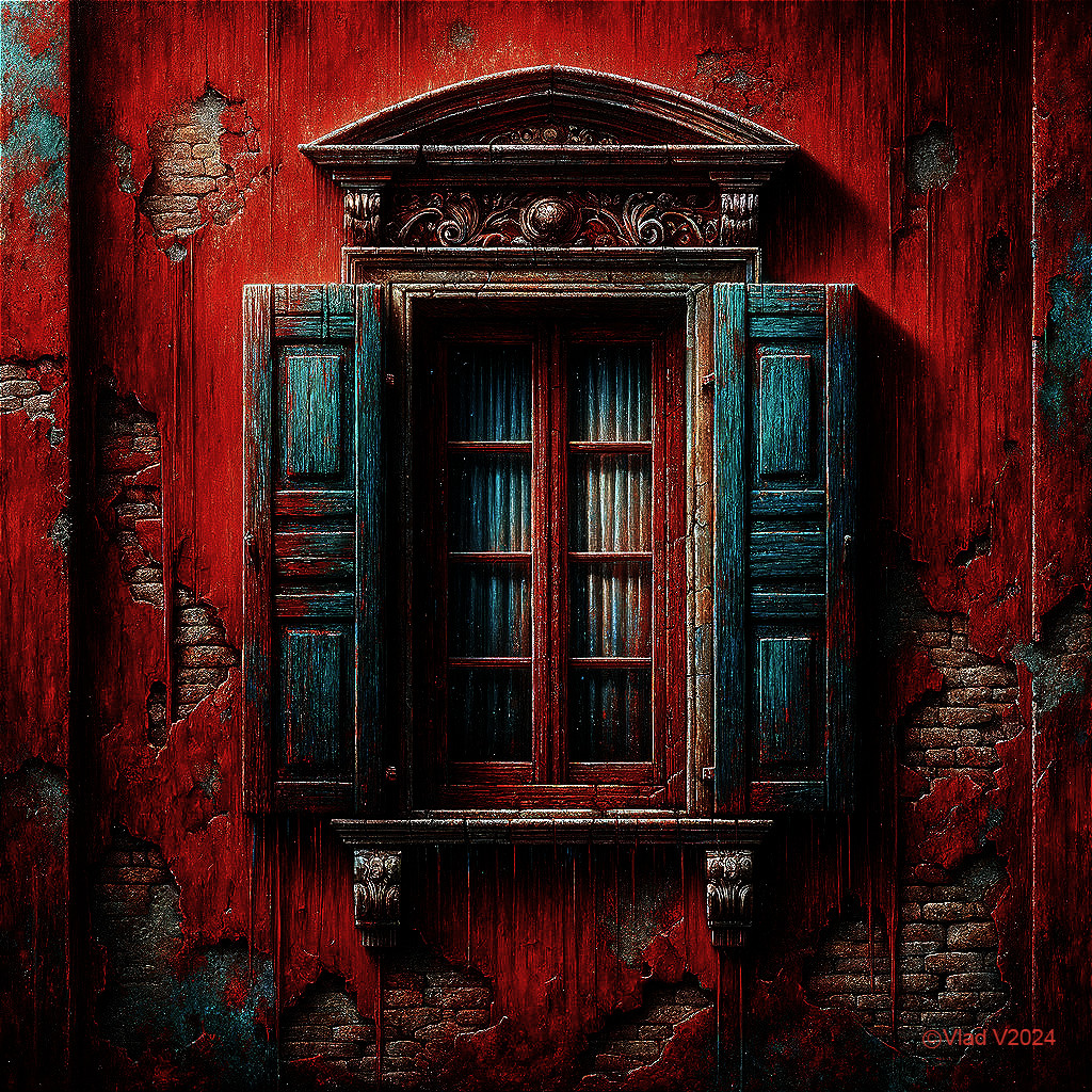 Ornate window with teal shutters on a red wall