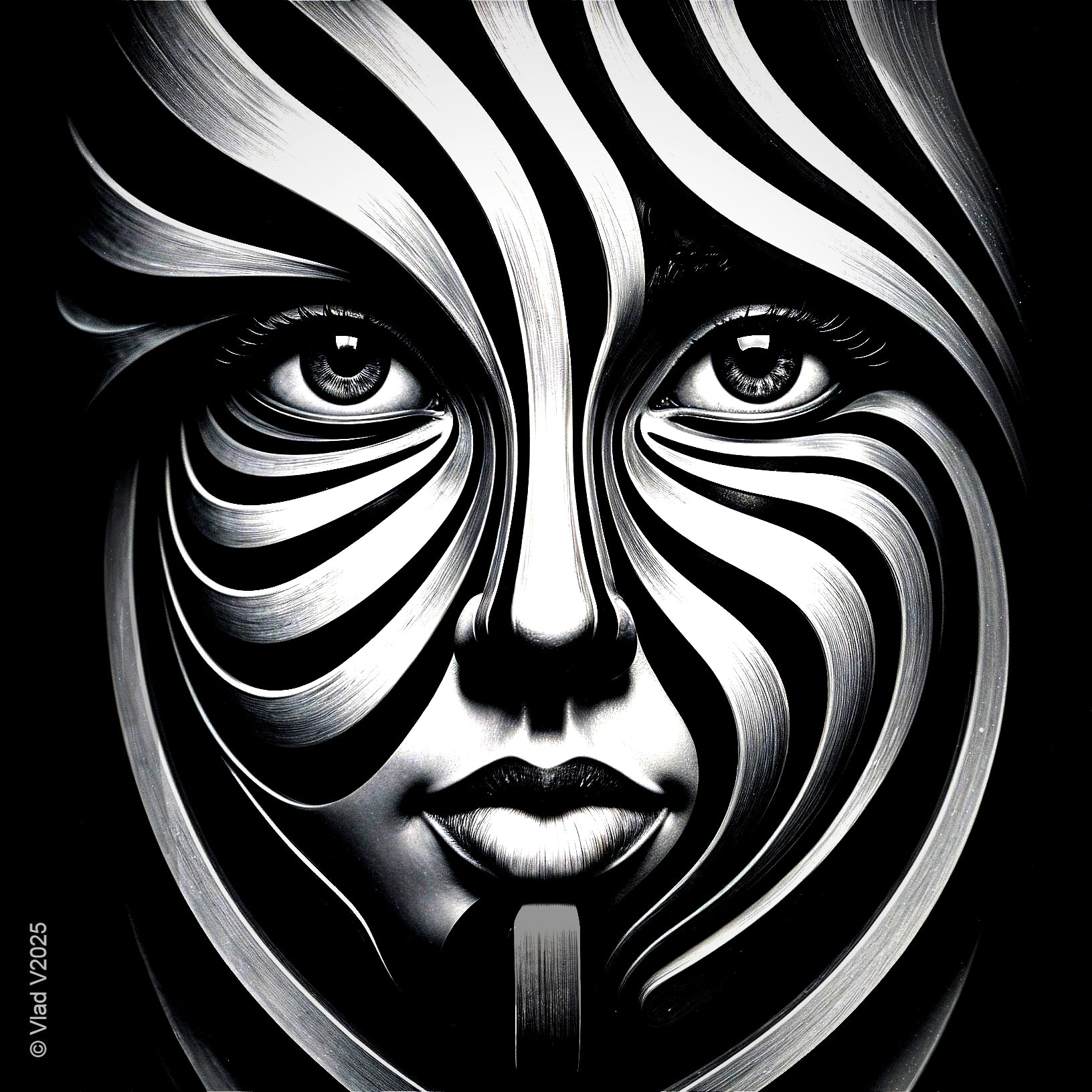 Stylized Face with Bold Black and White Stripes