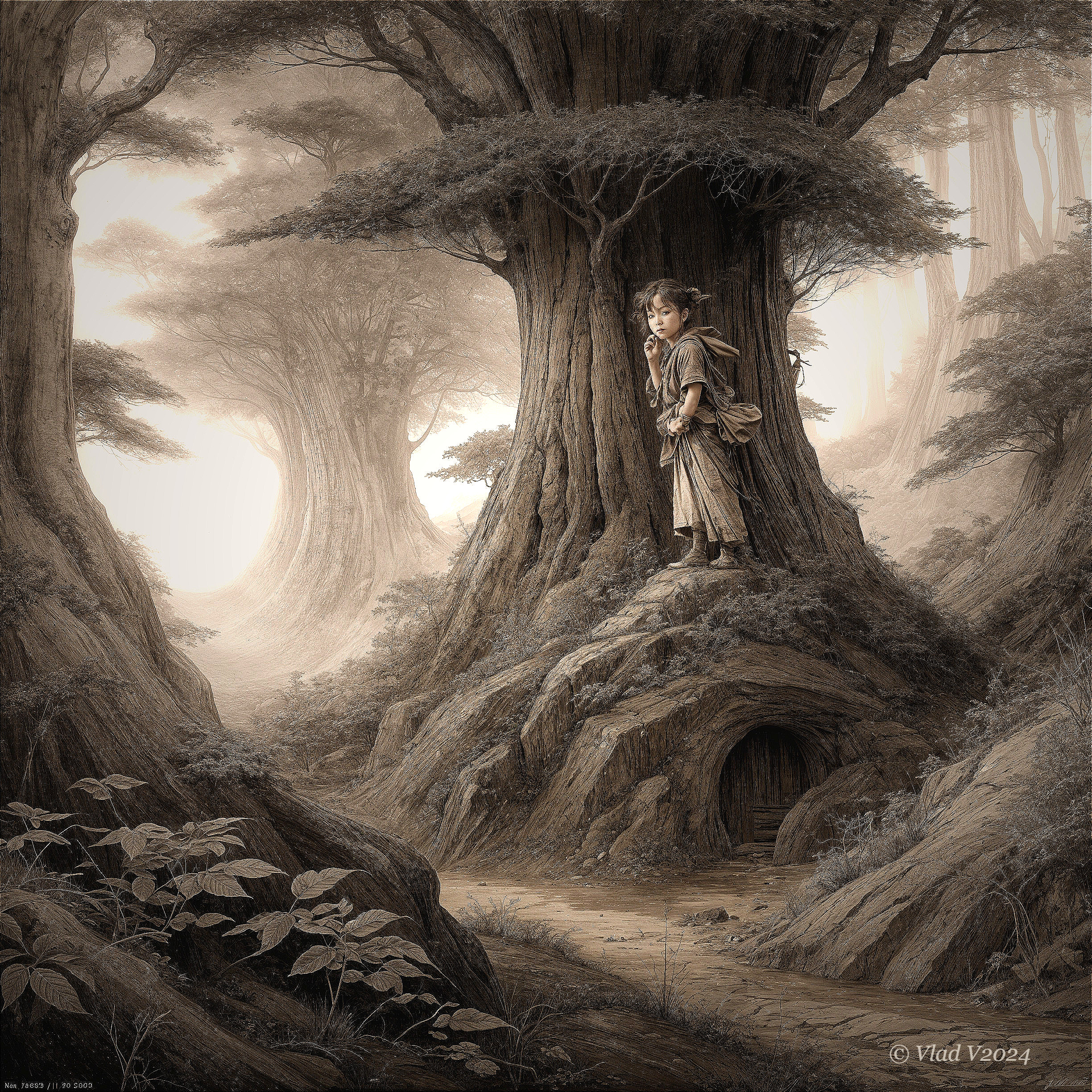 Young figure on ancient tree stump in enchanted forest