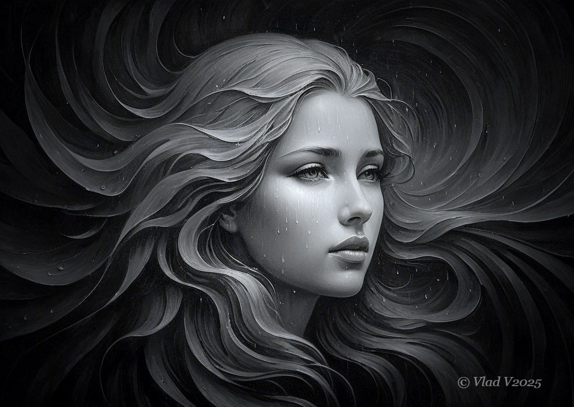 Black and white portrait of a woman with flowing hair