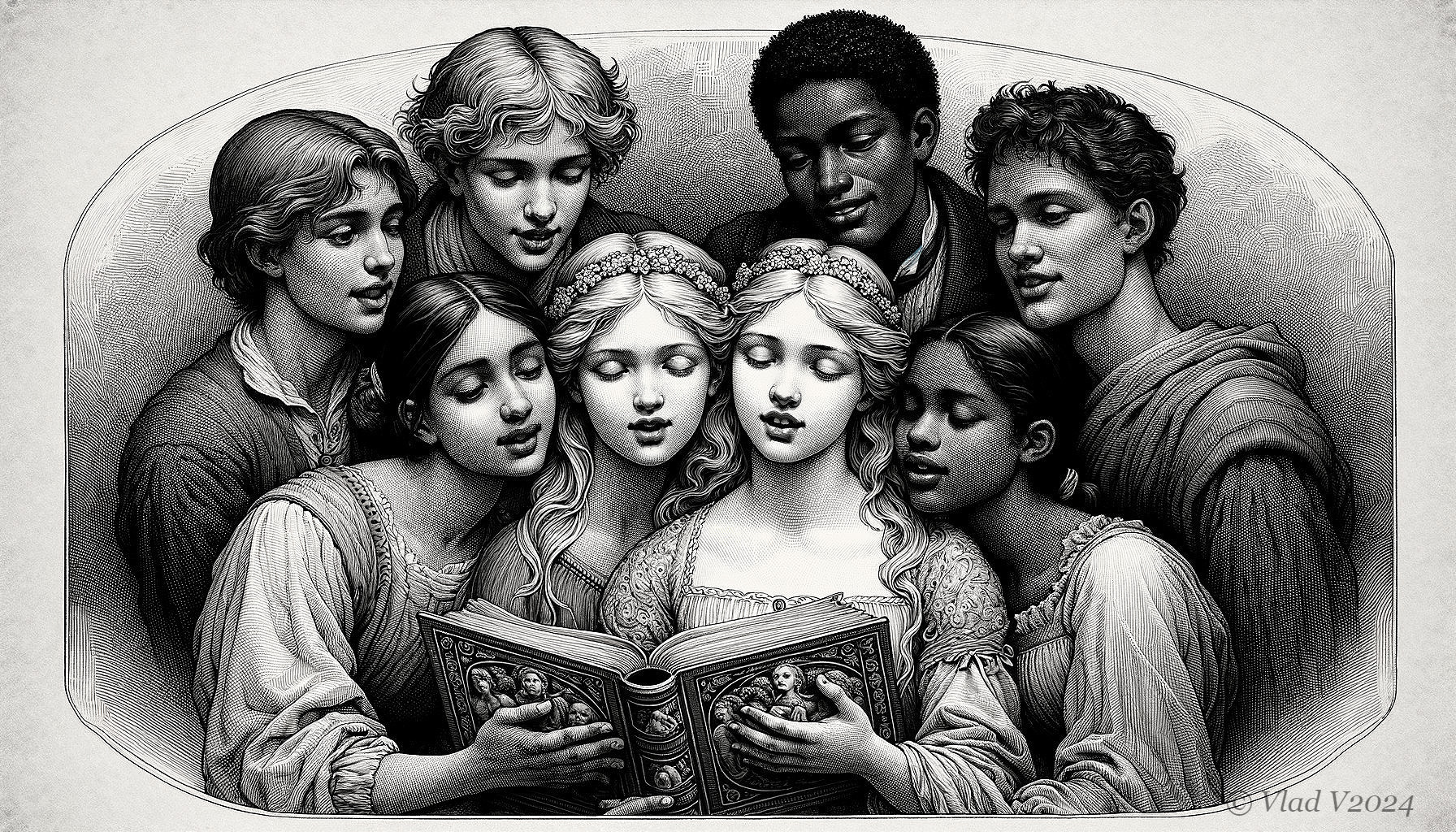 Diverse group singing together with illustrated book