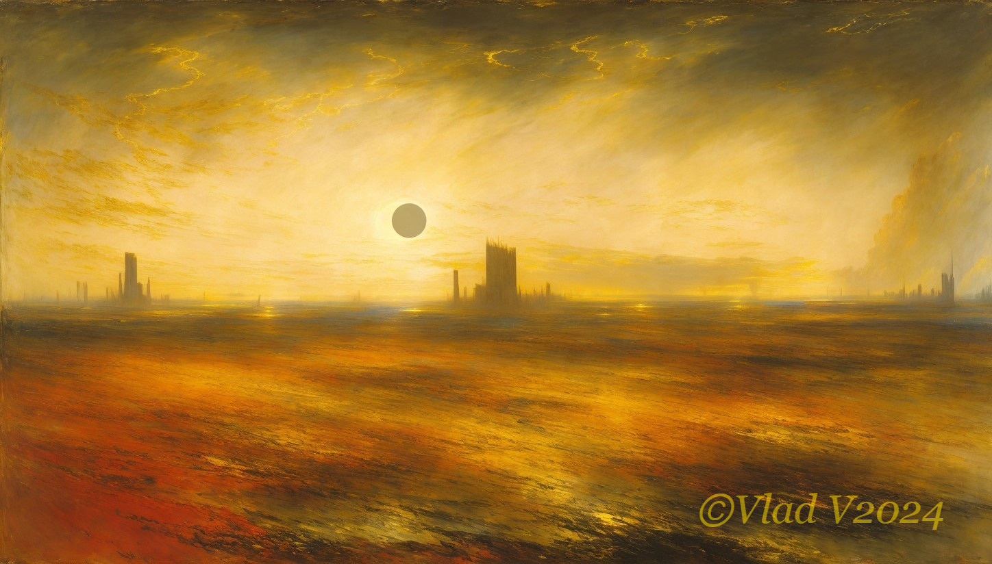 Surreal Landscape with Golden Sunset and Eclipse