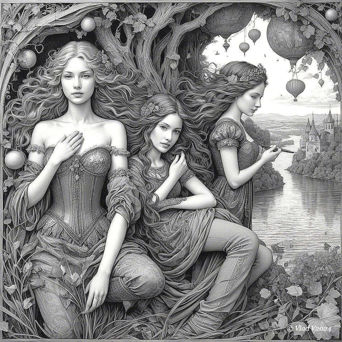 Three Ethereal Women in a Mystical Landscape