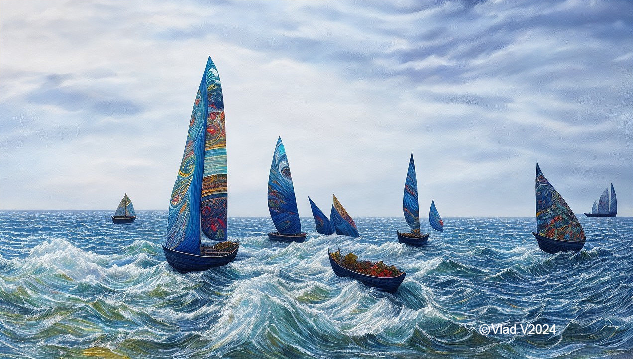 Vibrant Seascape with Colorful Sailboats and Waves