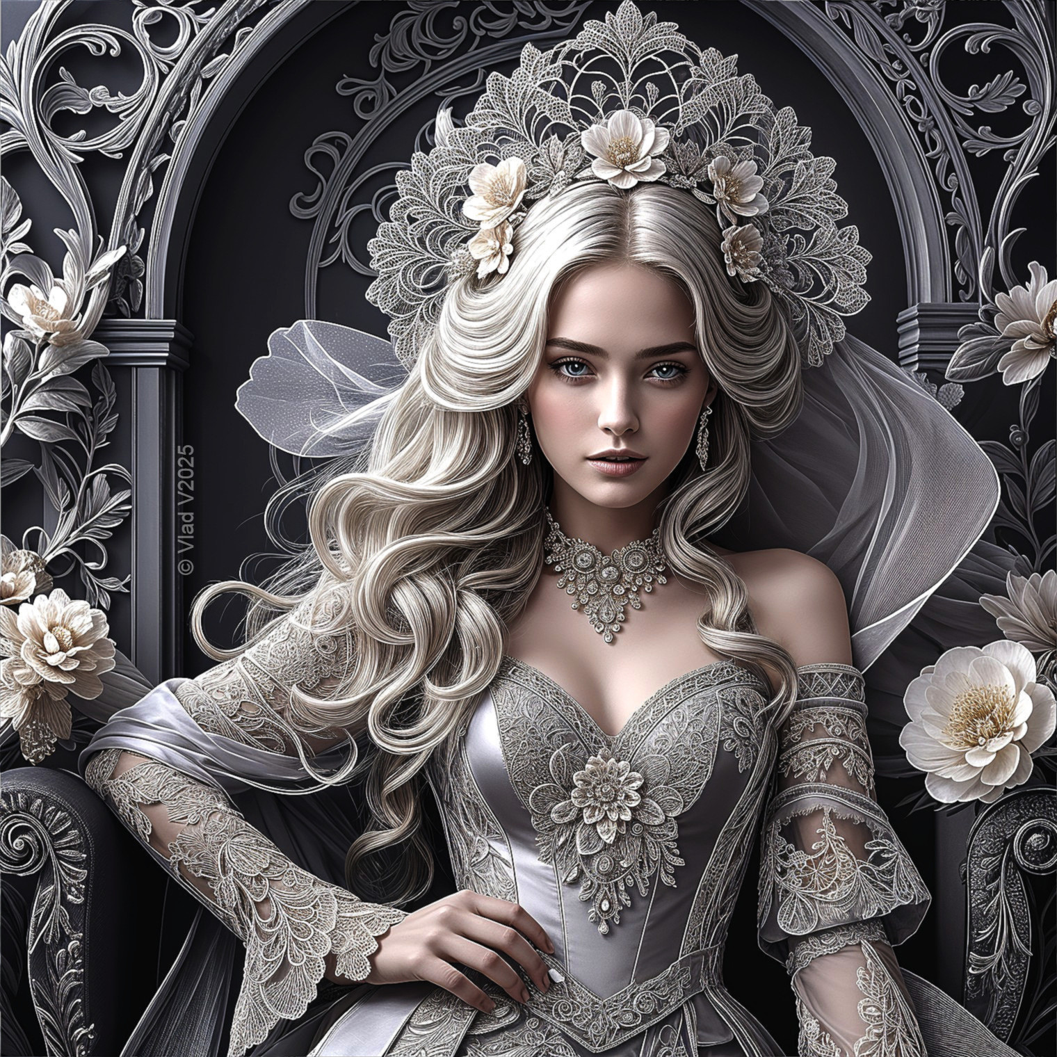 Elegant Woman in Detailed Silver Gown with Lace