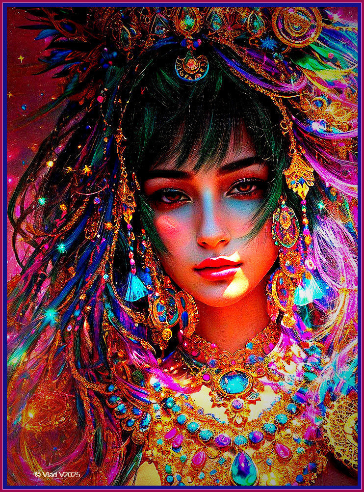 Portrait of a Woman with Colorful Jewelry and Hair