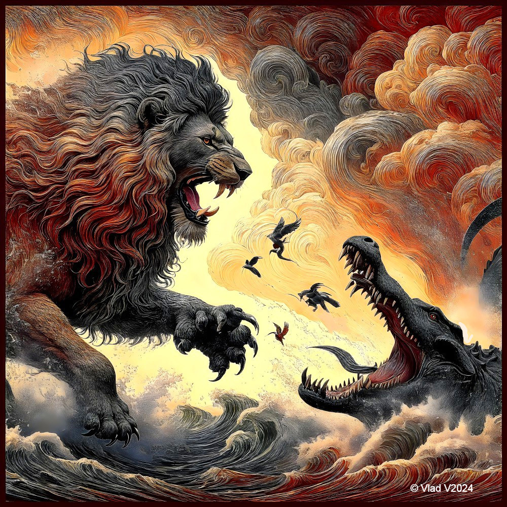 Clash of Mythic Beasts in a Tempestuous Sky