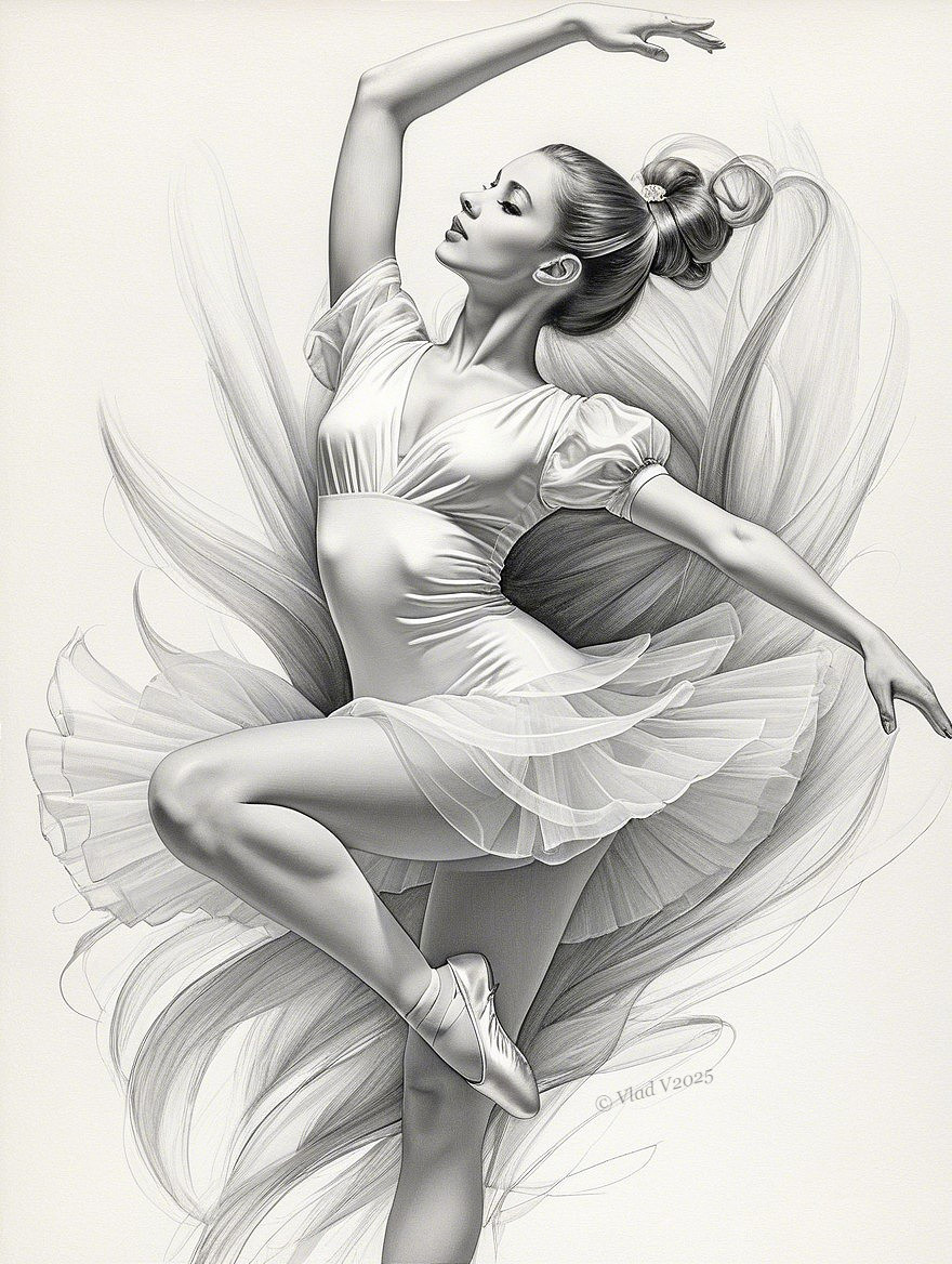 Ballet Dancer in Poised Pose with Flowing Tutu