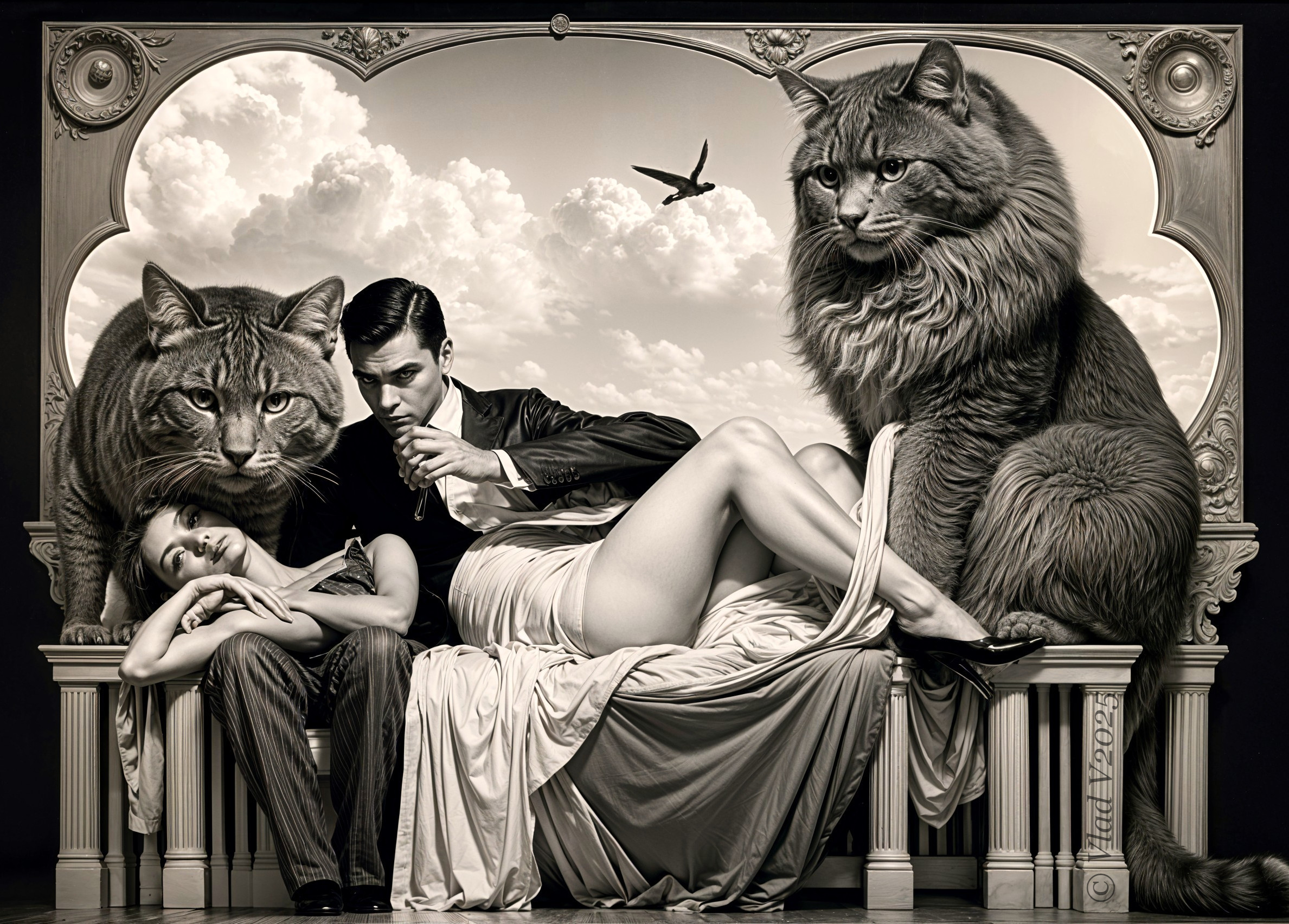 Surreal Black-and-White Scene with Oversized Cats