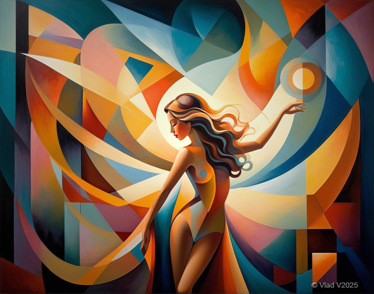 Stylized Female Figure Dancing in Colorful Background