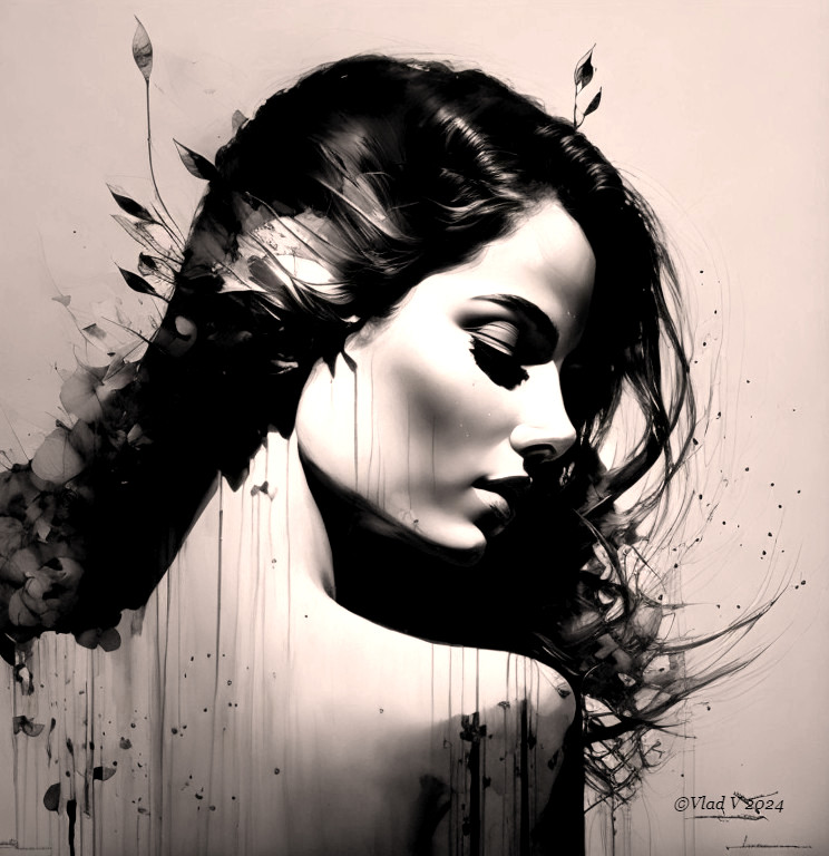 Monochromatic Artwork of Woman with Abstract Elements
