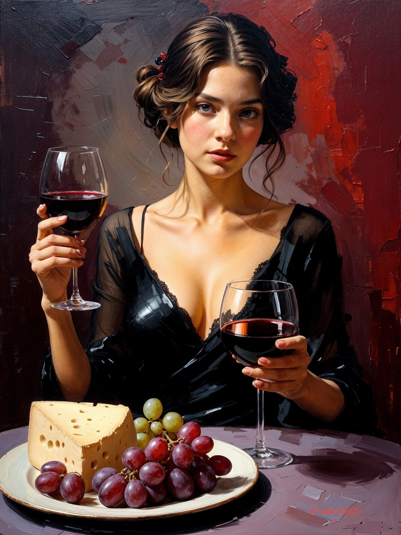 Elegant Portrait of Woman in Black Dress with Wine