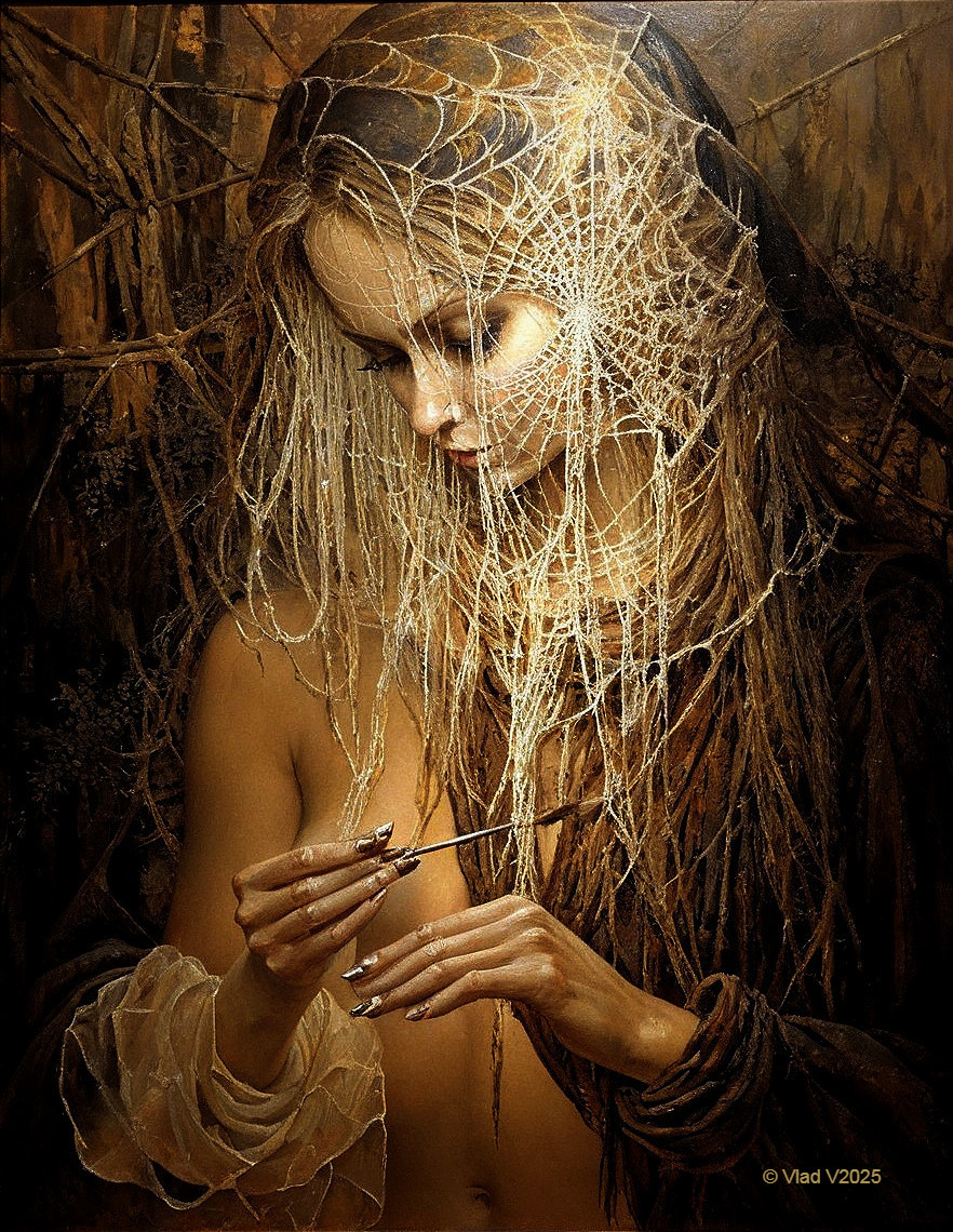 Mystical figure in nature with spider silk details