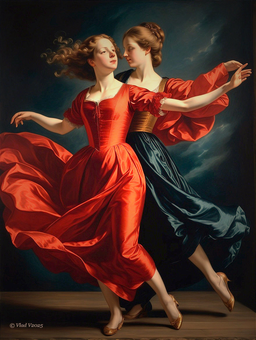 Elegantly Dressed Women in Dynamic Flowing Dresses