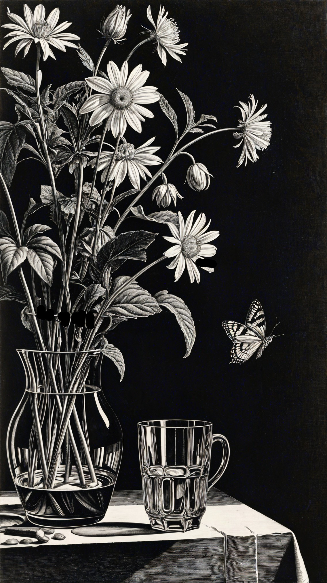 Black-and-white Illustration of Daisies and Butterfly