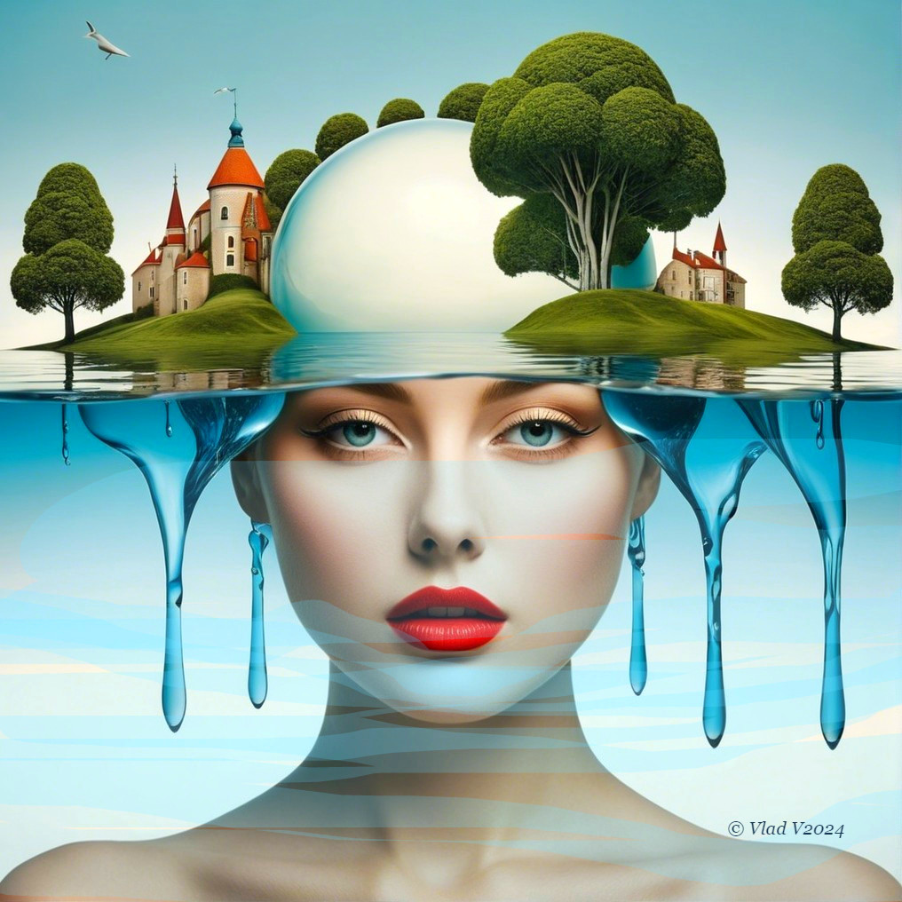 Surreal Composition of Woman's Face in Water Scene
