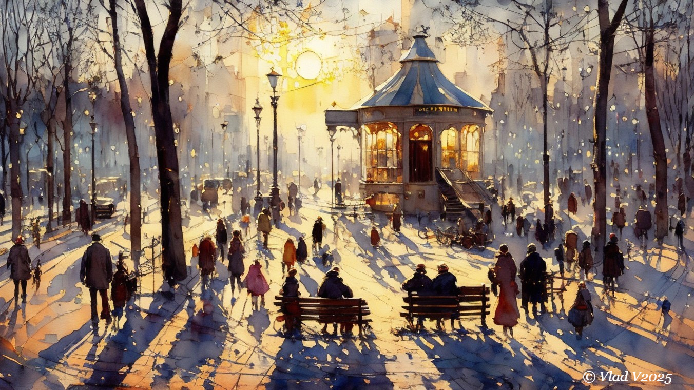 Urban Park Sunset with Bandstand and Vibrant Atmosphere