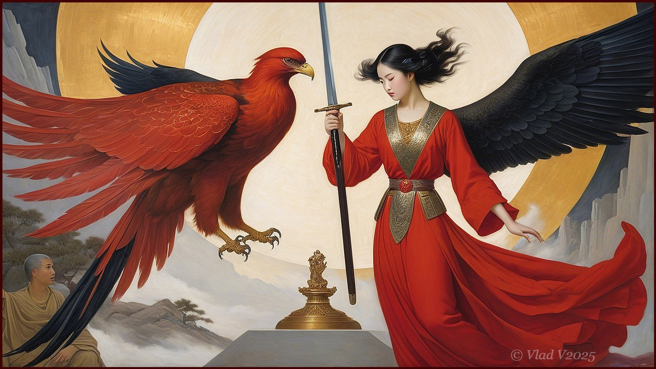 Woman in Red Robe with Phoenix in Mystical Landscape