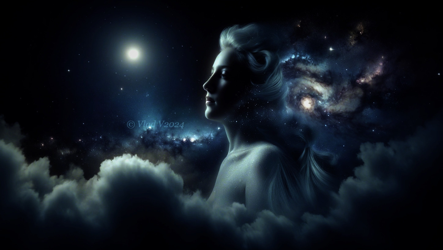 Celestial Scene with Woman's Profile and Cosmic Backdrop