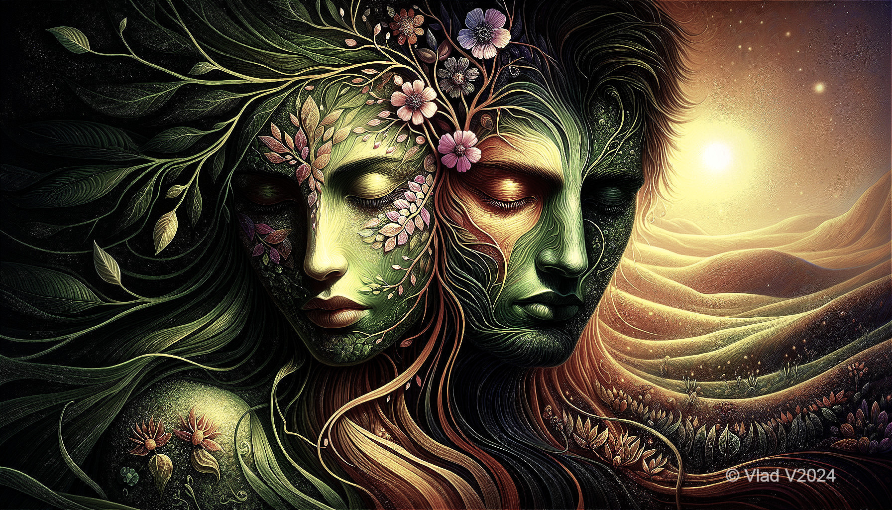 Intertwined Faces Symbolizing Nature and Humanity Harmony