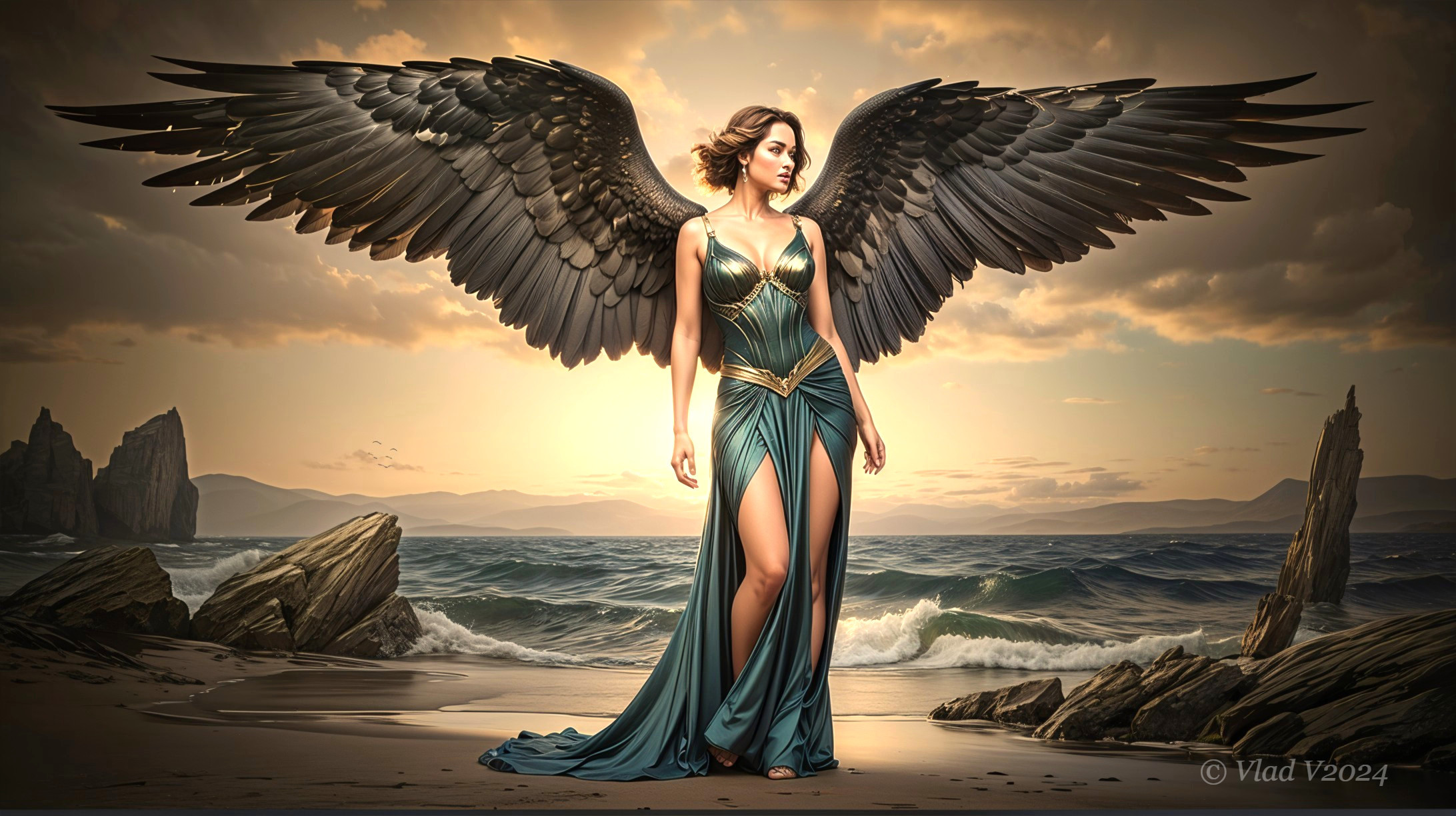 Majestic figure in emerald gown by rocky shore at sunset