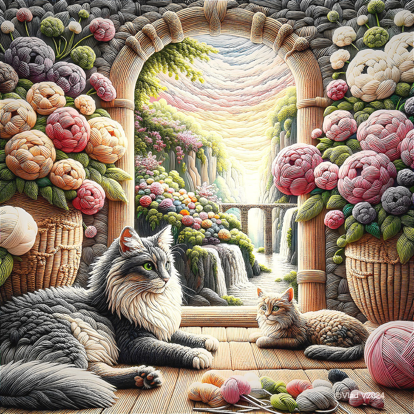 Serene Archway Framed by Flowers and Relaxing Cats