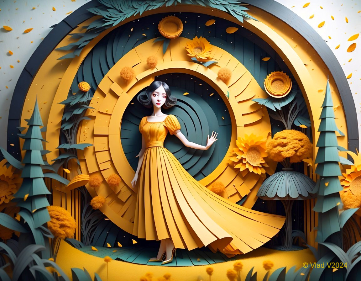 Three-Dimensional Artwork of Woman in Yellow Dress