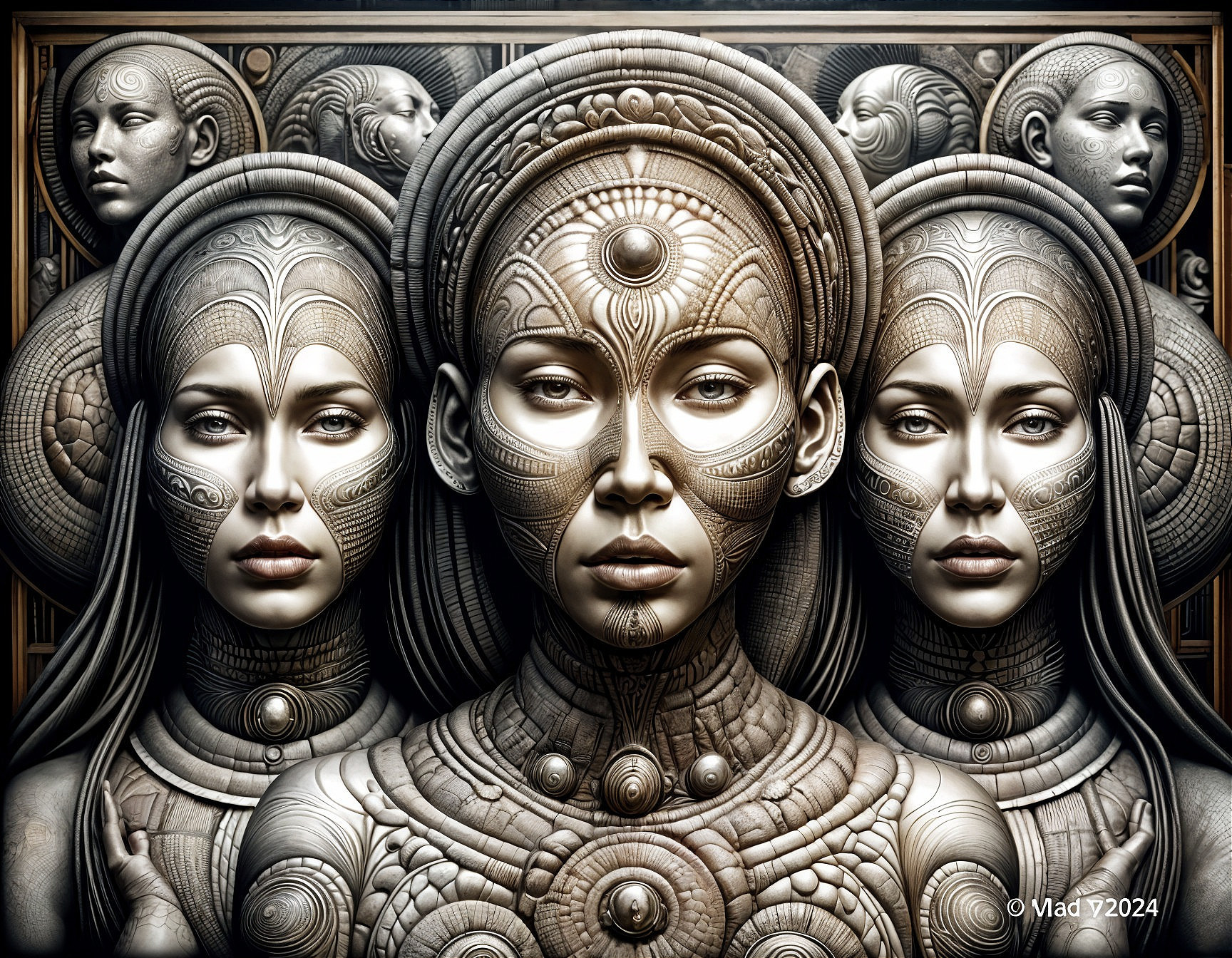 Intricately Designed Futuristic Figures with Patterns