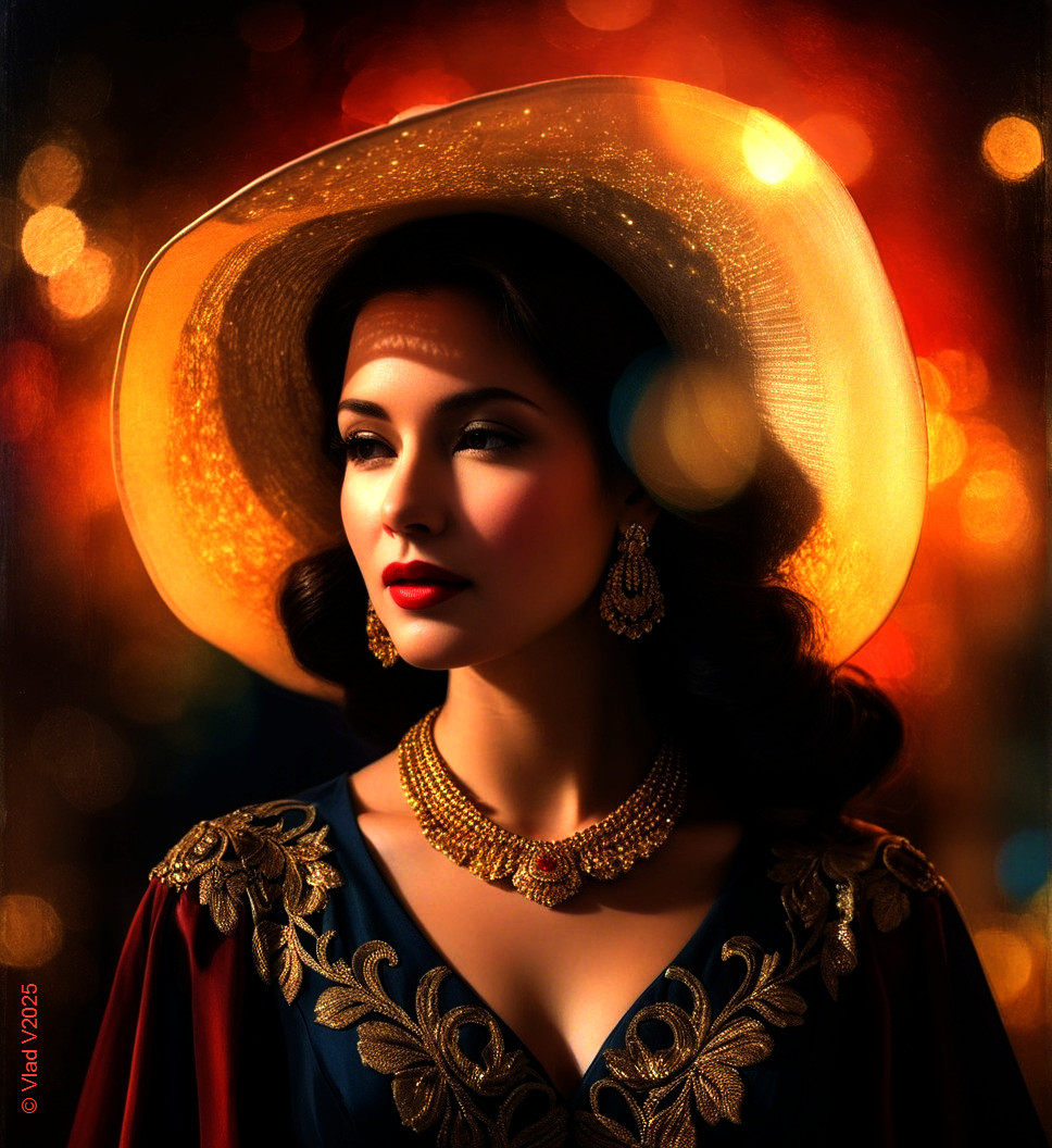 Elegant Woman in Glamorous Hat with Shimmering Lights