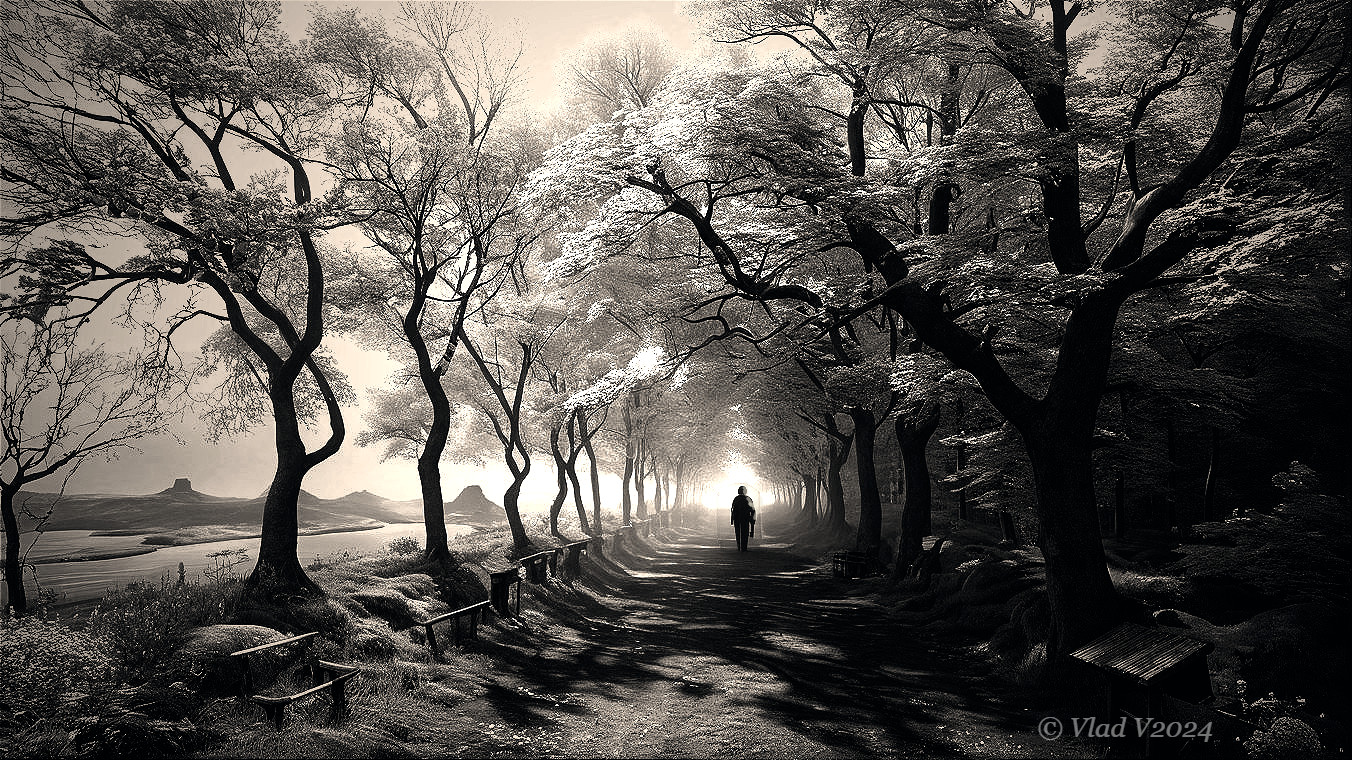 Solitary Figure on a Winding Path Among Trees