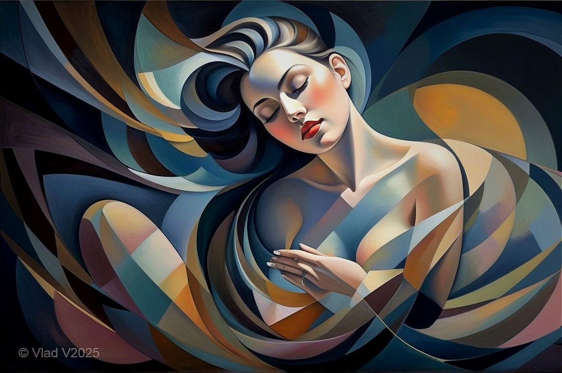 Abstract Artwork of a Serene Woman with Flowing Hair