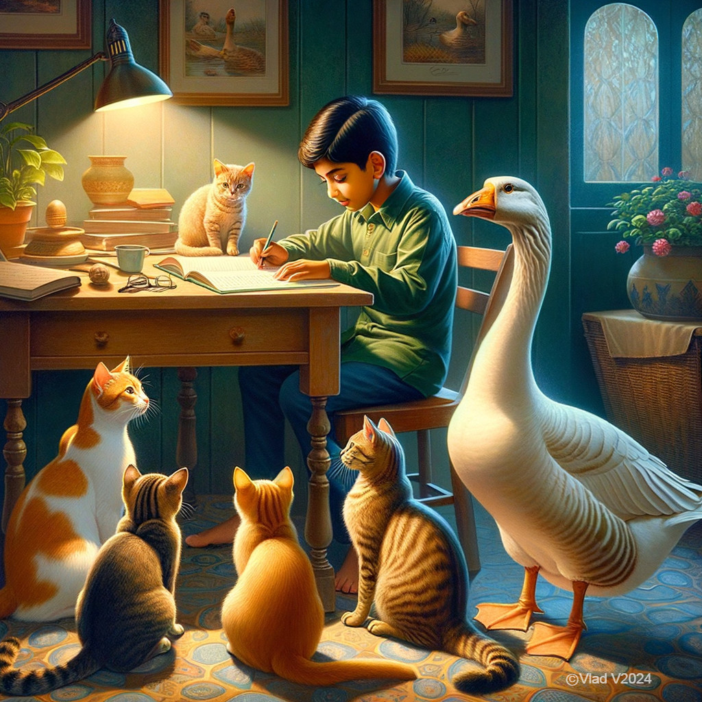 Young boy writing with cats and a goose nearby