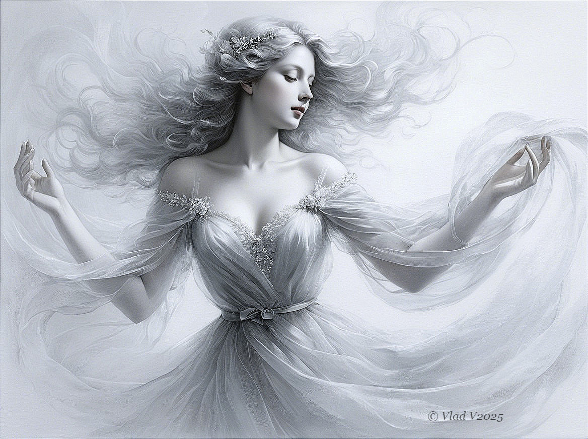 Ethereal Woman in Flowing Gown with Silvery Hair