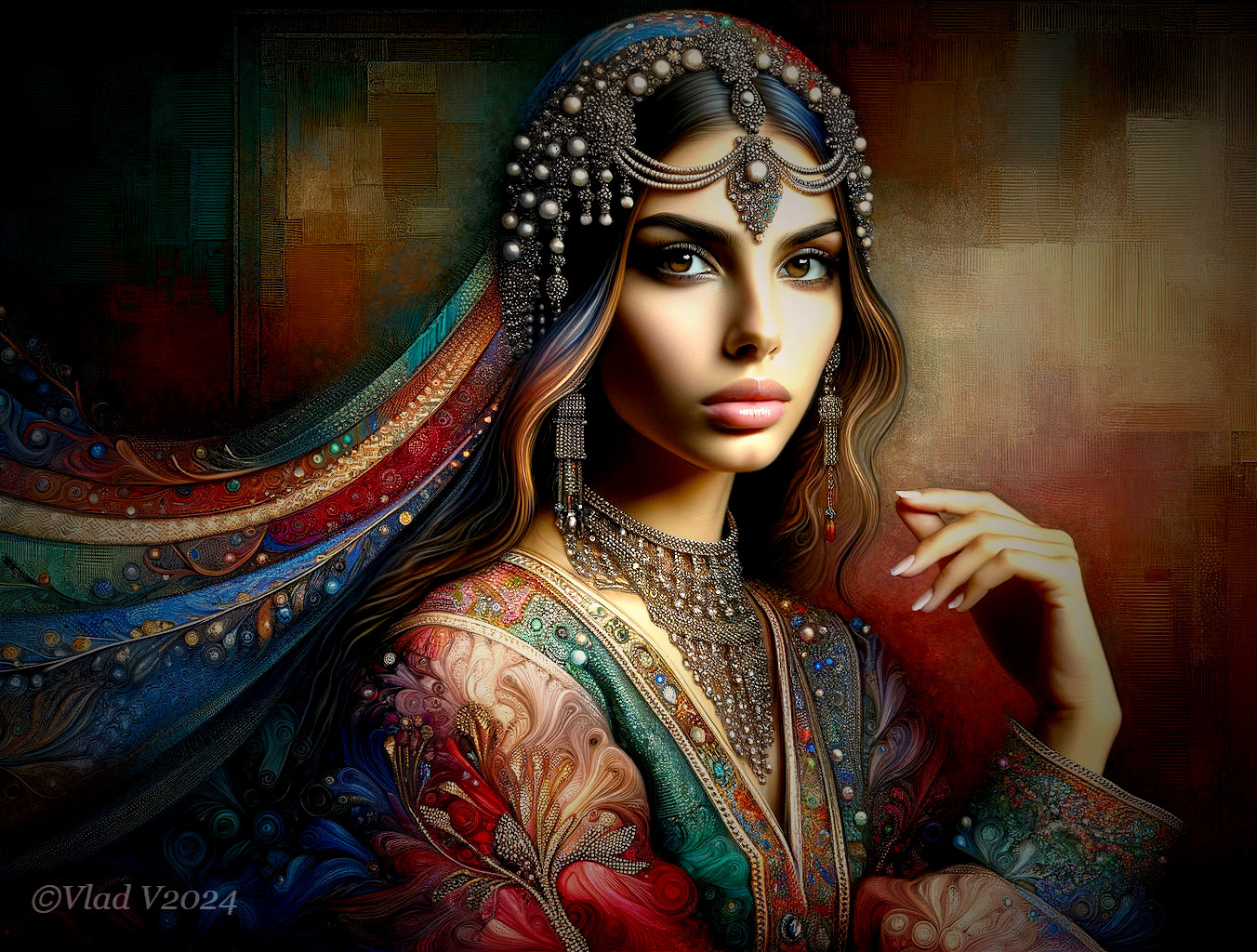 Woman in Colorful Garment with Intricate Patterns