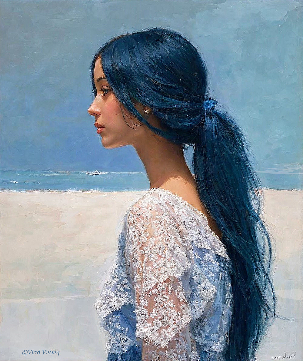 Portrait of a woman with blue hair at the beach