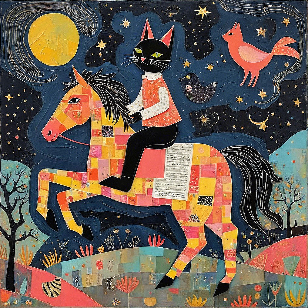 Whimsical Cat on Colorful Horse Under Starry Sky