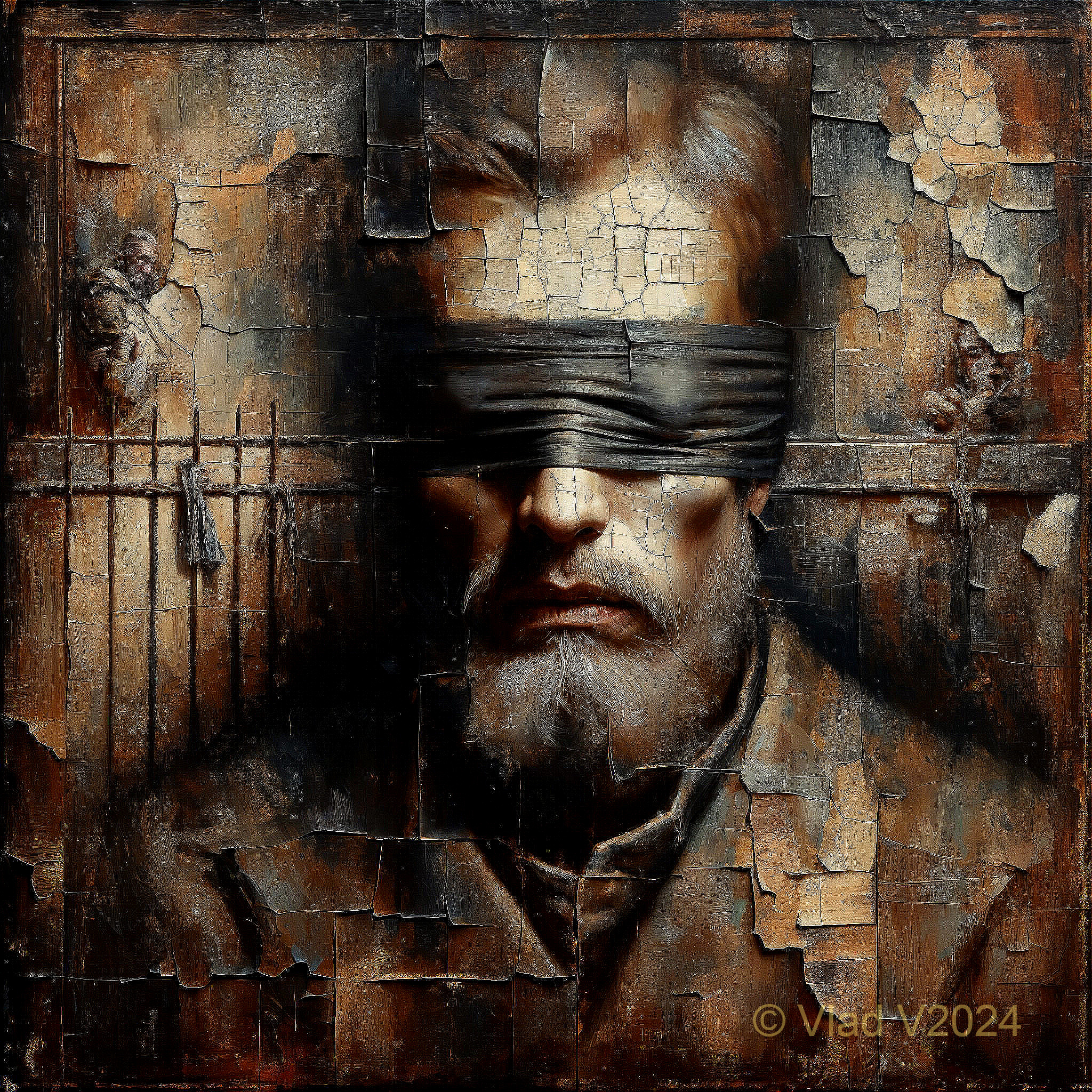 Solemn Bearded Man with Blindfold and Textured Background