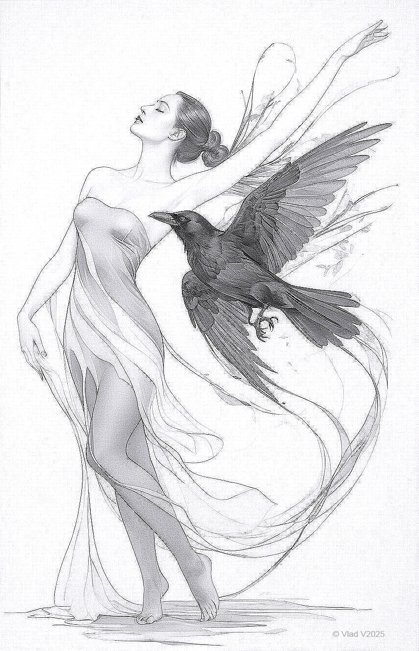 Monochrome Pencil Sketch of Woman and Raven