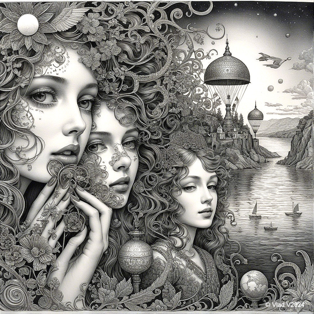 Ethereal Women in Dreamlike Landscape Artwork