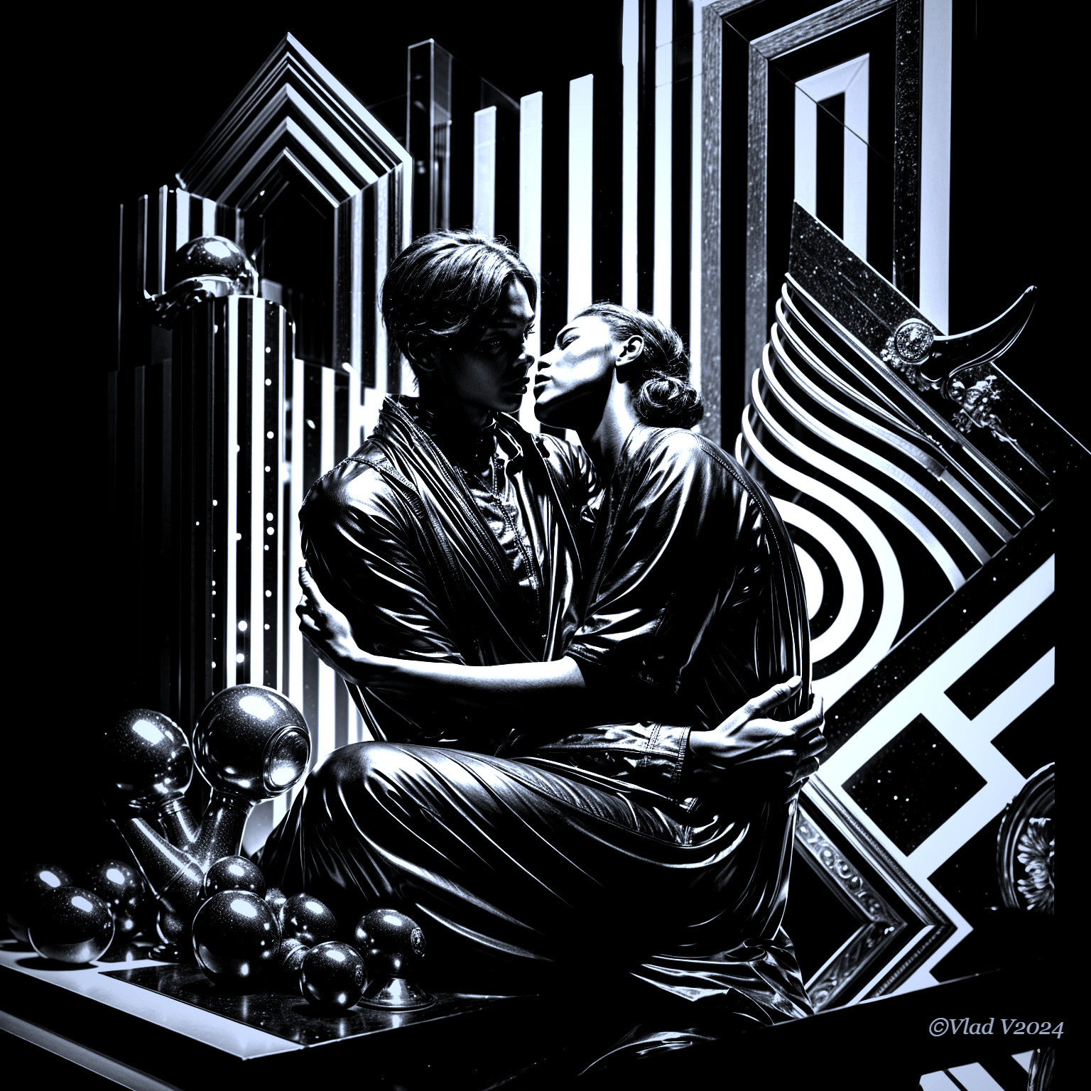 Stylized Black-and-White Couple Embracing Artwork