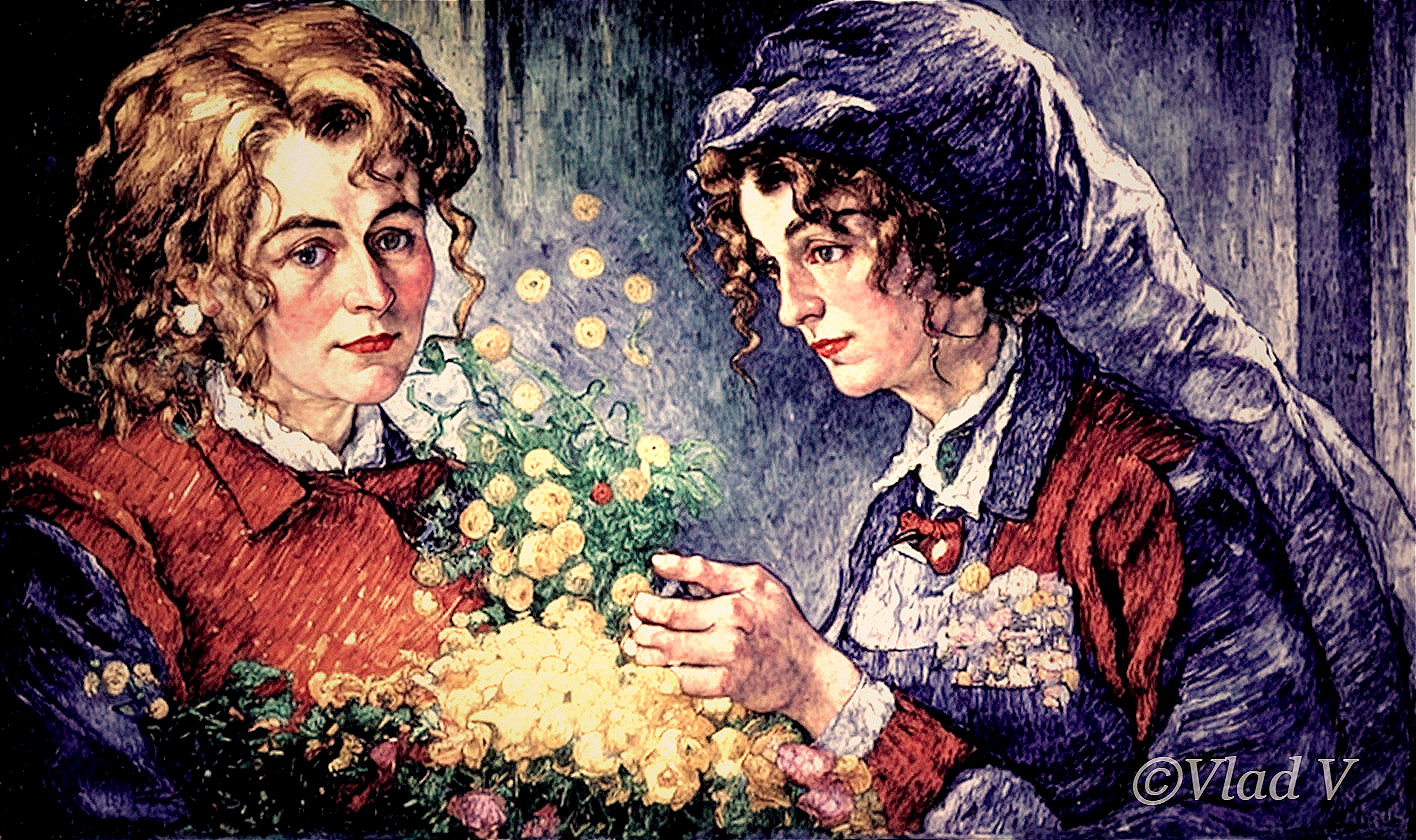 Two Women in a Tender Moment Surrounded by Flowers