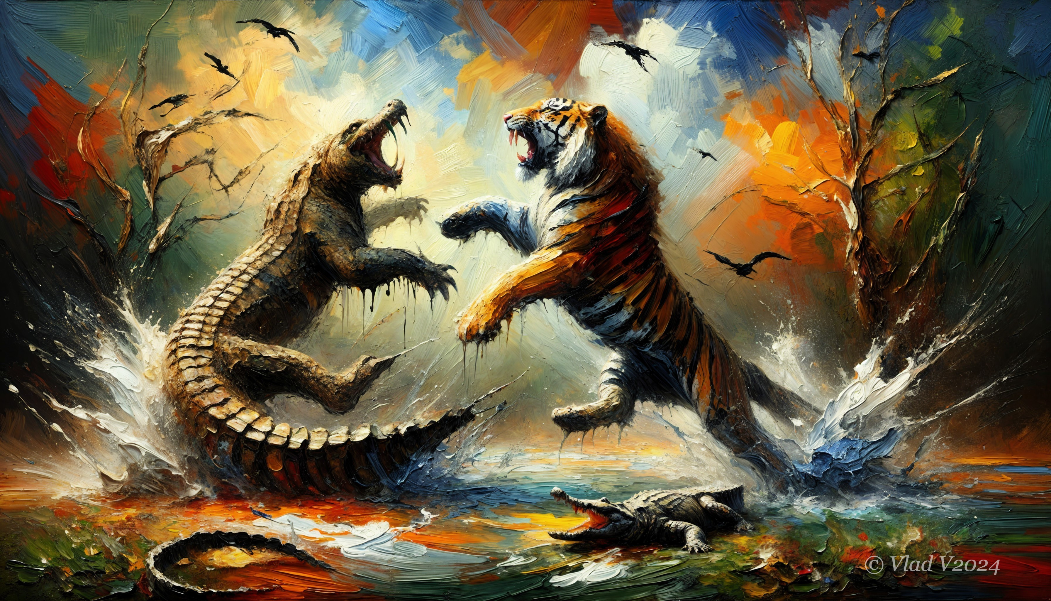 Tiger and Crocodile Confrontation in Lush Landscape