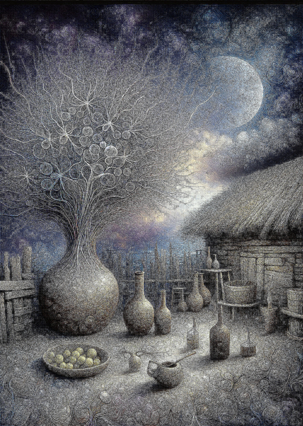 Surreal landscape with giant textured tree and cottage